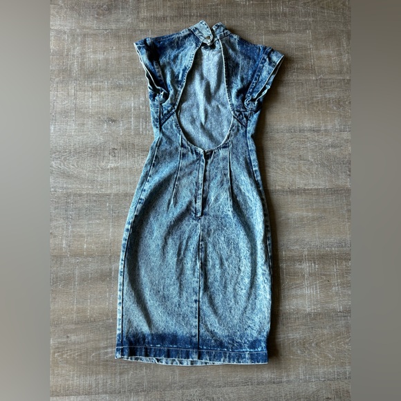 Vintage Paris Blues 90s Acid Wash Mock Neck Bodycon Backless Midi Dress - Picture 7 of 10
